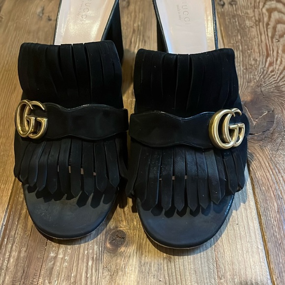 Gucci Black Suede GG Marmont Fringe Slide Sandals - Picture 12 of 13